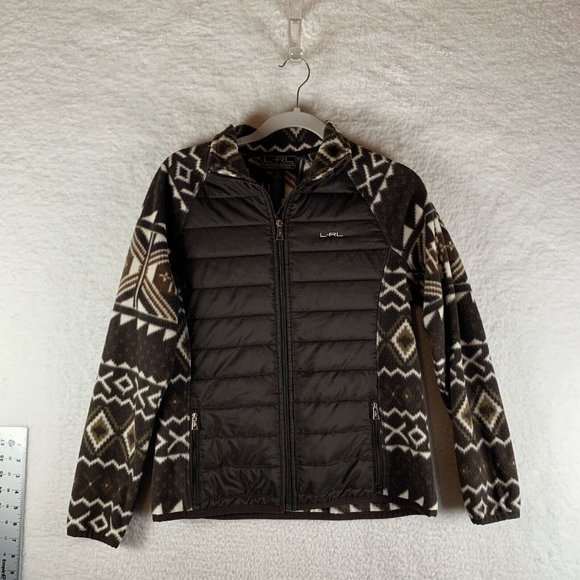 Lauren Ralph Lauren Jacket Women's Medium Brown Aztec Print Fleece Full Zip 7845 - Picture 1 of 7